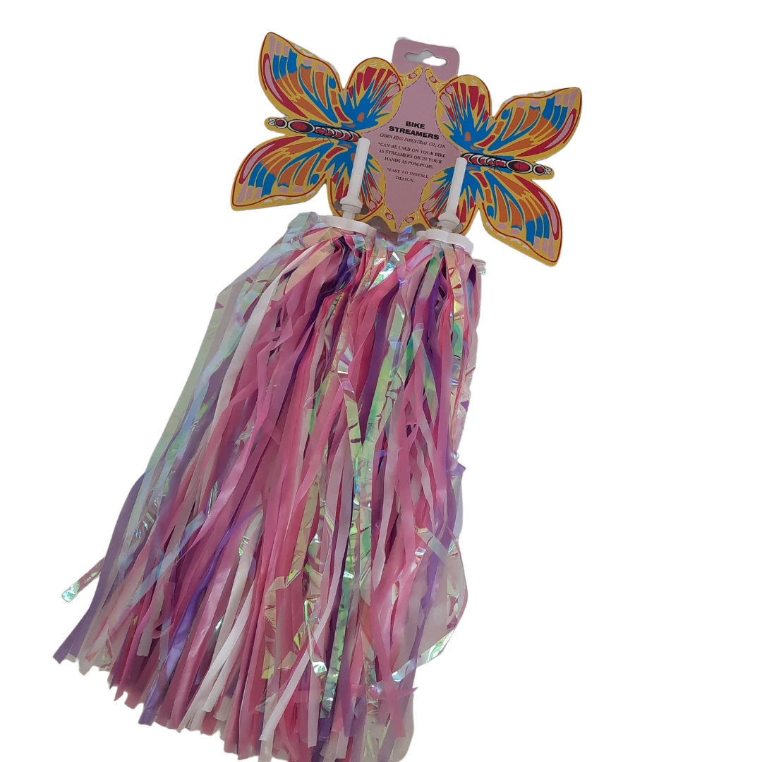Sparkling purple and pink bike streamers on white background