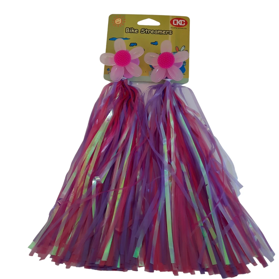 Packaged kids bike streamers with windmill flower design in neon purple, pink, and silver